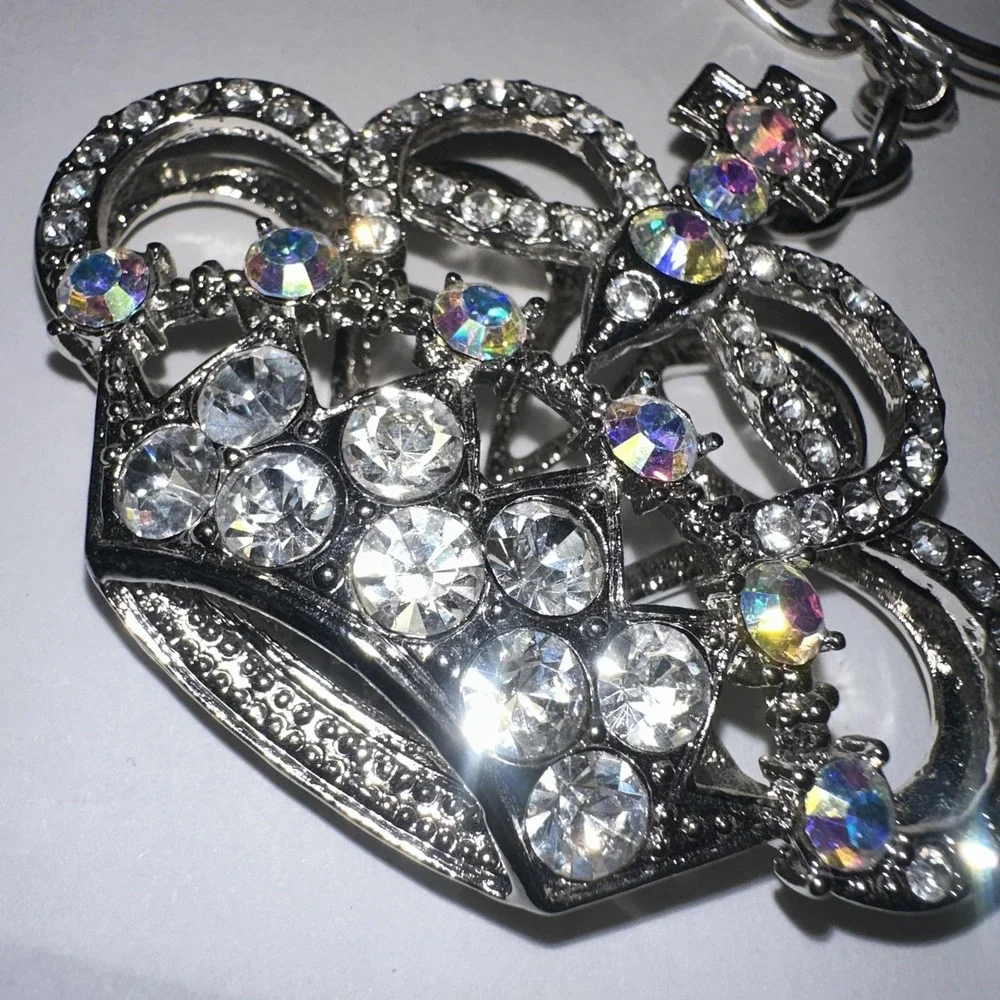 VTG Y2K‎ Silver Tone Crystal Crown Keychain Purse Bag Charm Clip Rhinestone Gem